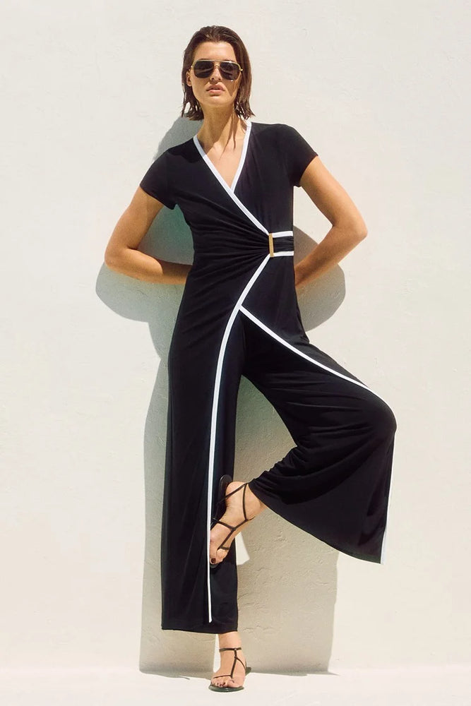 
                      
                        Joseph Ribkoff silky knit sleeveless jumpsuit with a wrap bodice and culotte legs, now available at Harbour Thread in Burlington, VT. 
                      
                    