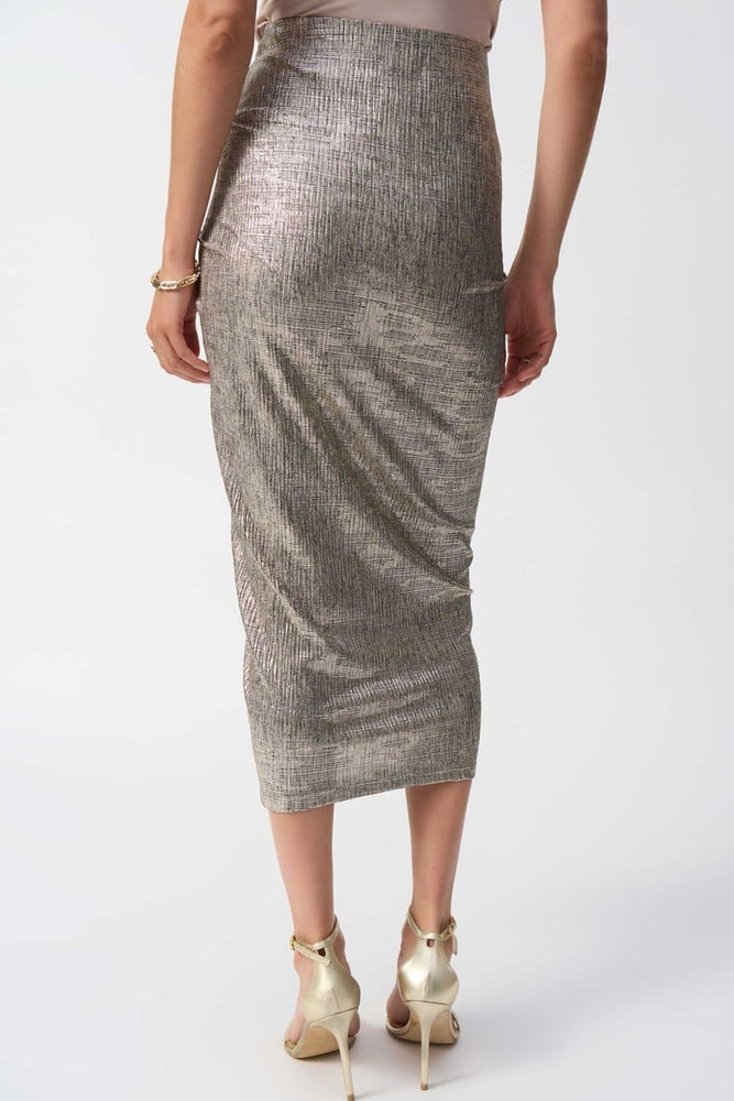 
                      
                        Joseph Ribkoff's Foiled Knit Draped Pencil Skirt offers a flattering fitted silhouette with a comfortable hidden elastic waistband
                      
                    