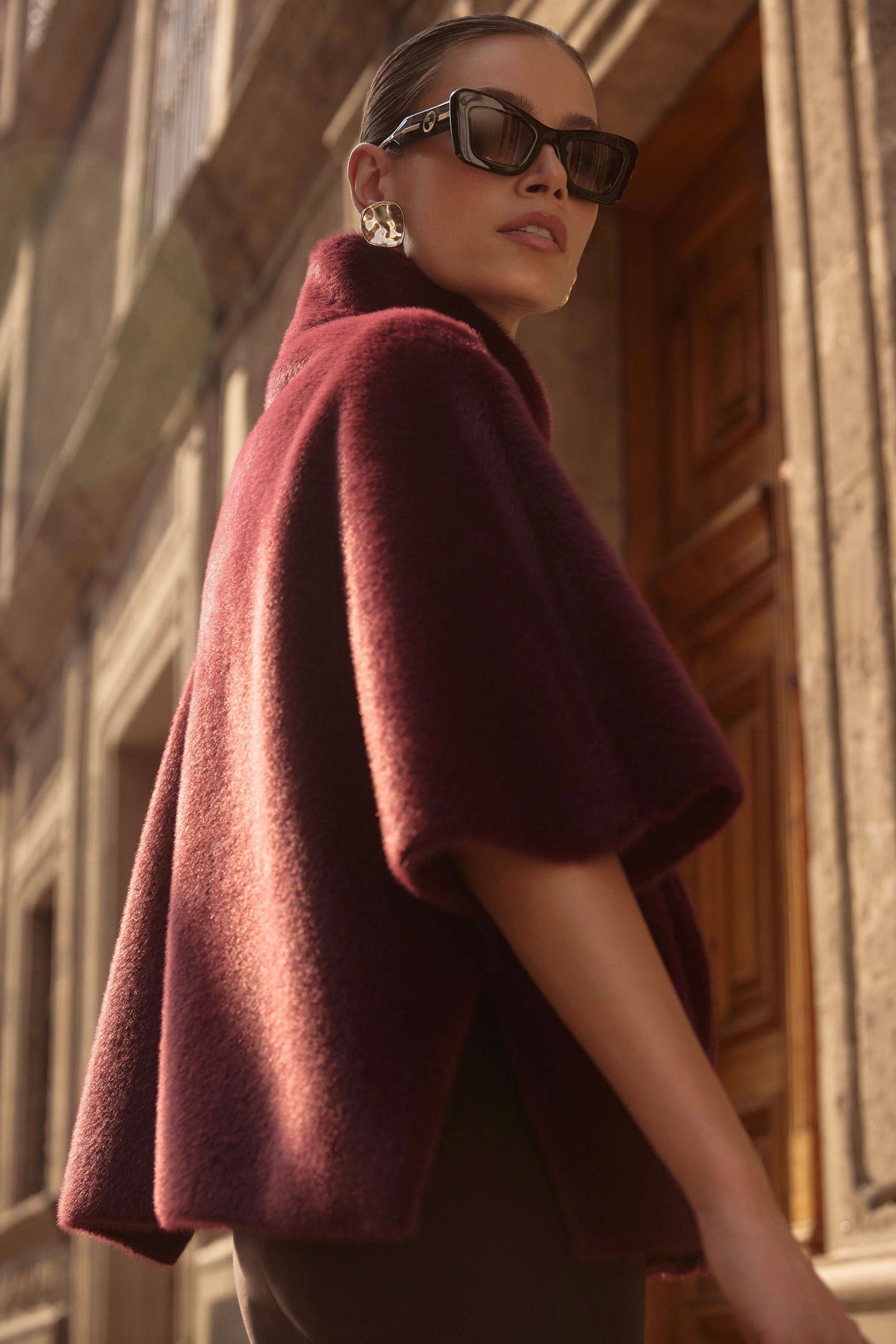 The Joseph Ribkoff Bonded Faux Fur Suede Jacket is available in the color Merlot at Harbour Thread boutique in Burlington, VT. 