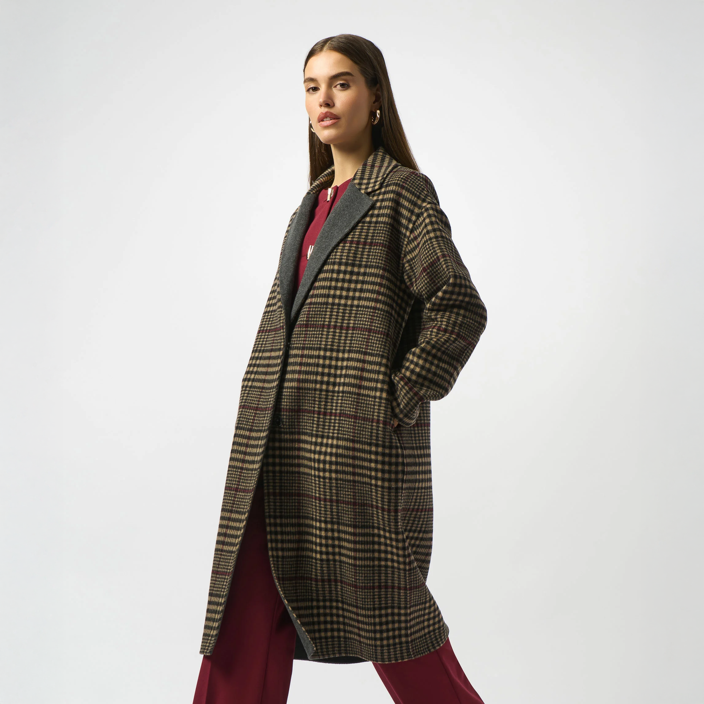Woman wearing The Joseph Ribkoff Wool Blend Plaid Double-Faced Coat