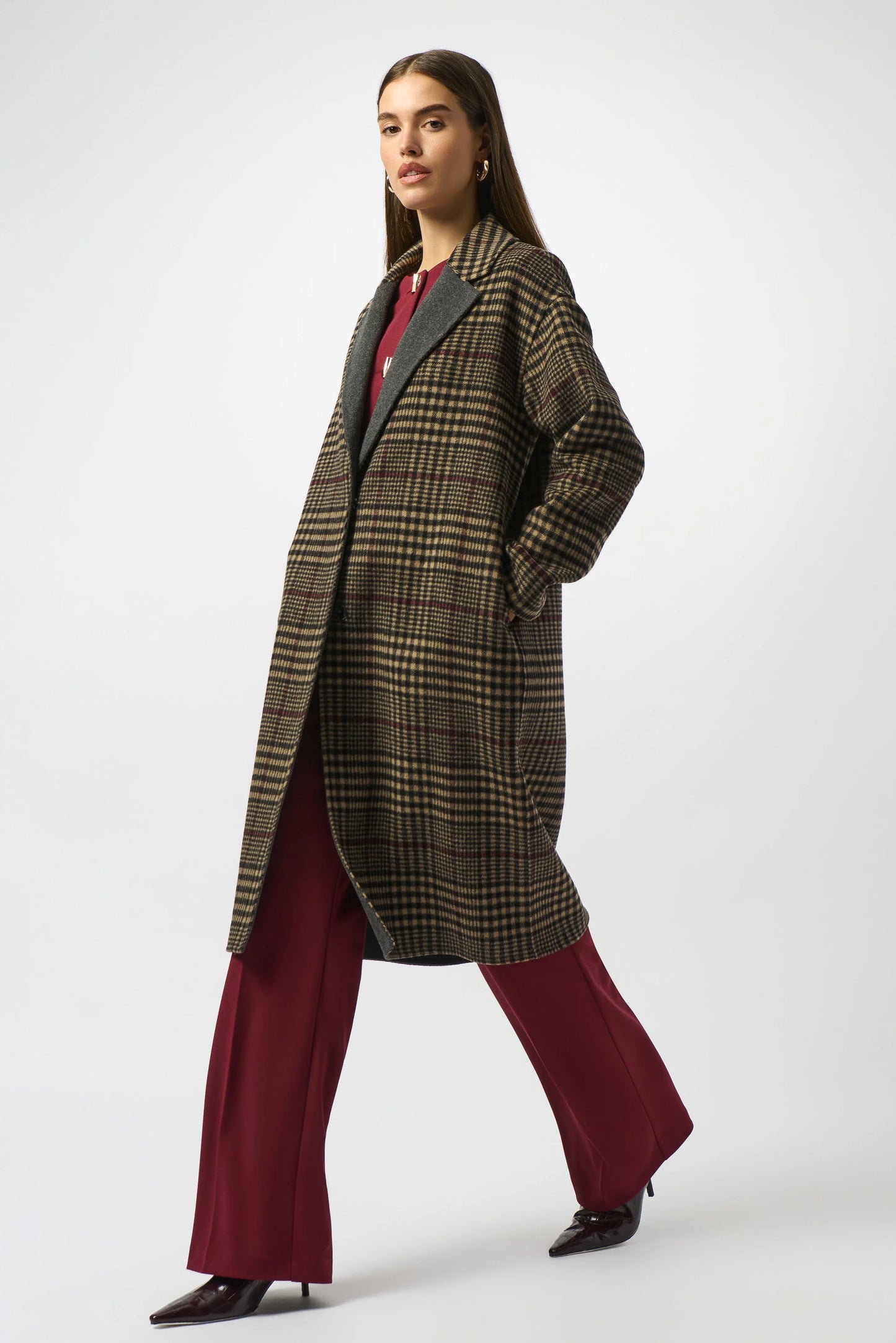 The Joseph Ribkoff Wool Blend Plaid Double-Faced Coat is available in the color Camel Multi at Harbour Thread boutique in Burlington, VT. 
