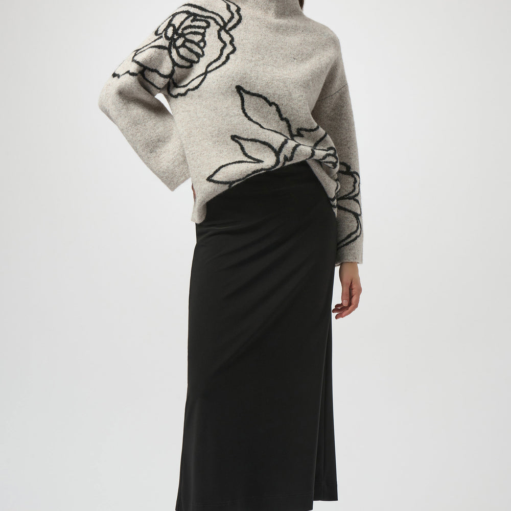 The Joseph Ribkoff Silky Knit Pull-On Maxi Skirt is available in Black at Harbour Thread boutique. 