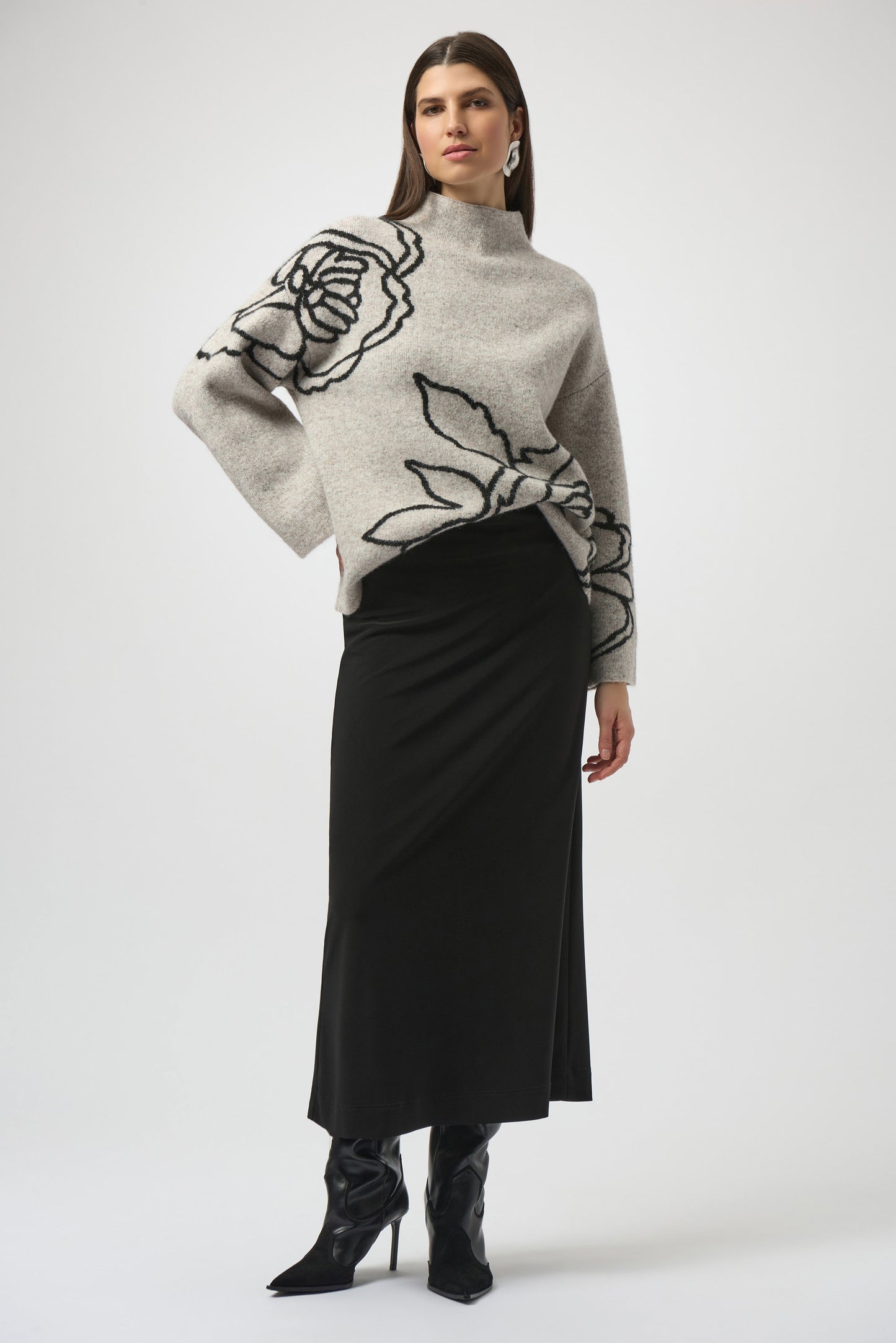 The Joseph Ribkoff Silky Knit Pull-On Maxi Skirt is available in Black at Harbour Thread boutique. 