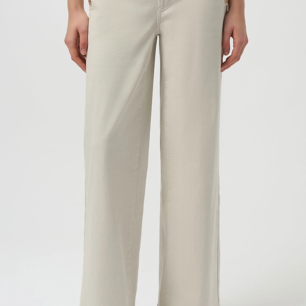 
                      
                        Women's light khaki pull on jeans with button details along the pockets
                      
                    