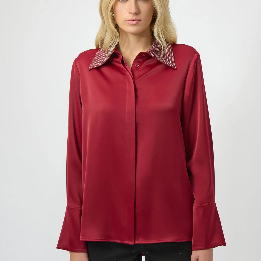 
                      
                        Joseph Ribkoff Satin Button-Front Blouse with Embellished Collar
                      
                    