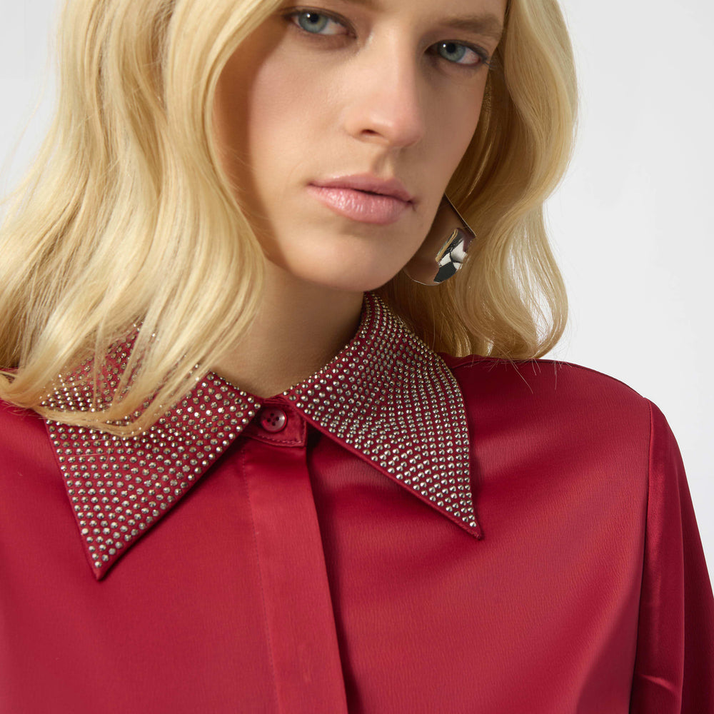 Joseph Ribkoff Satin Button-Front Blouse with Embellished Collar