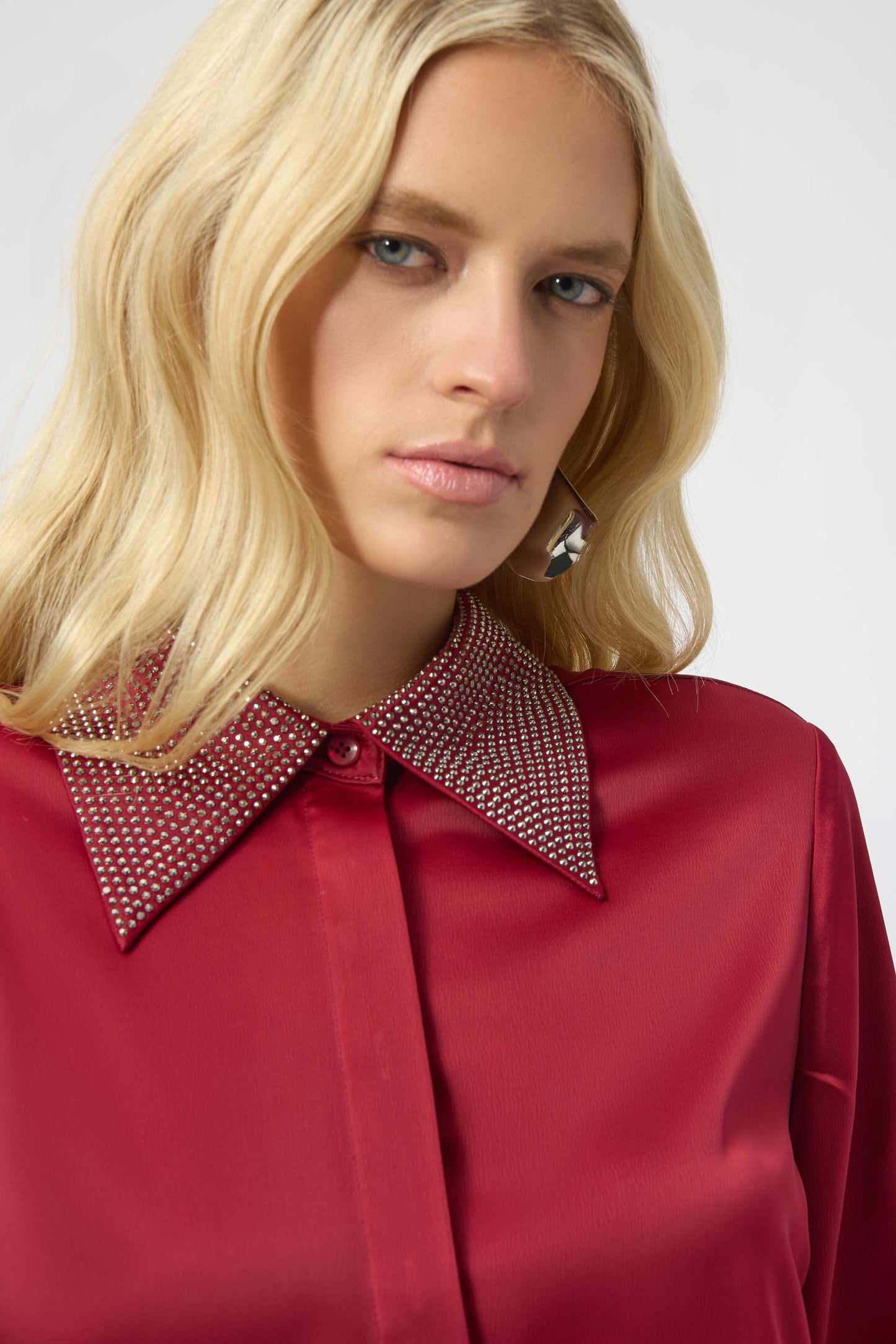 Joseph Ribkoff Satin Button-Front Blouse with Embellished Collar