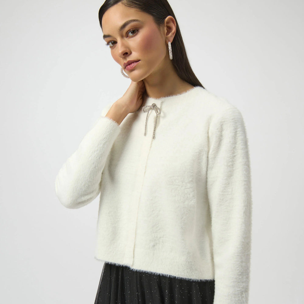 Feather Yarn Cardigan with Rhinestone Bow by Joseph Ribkoff