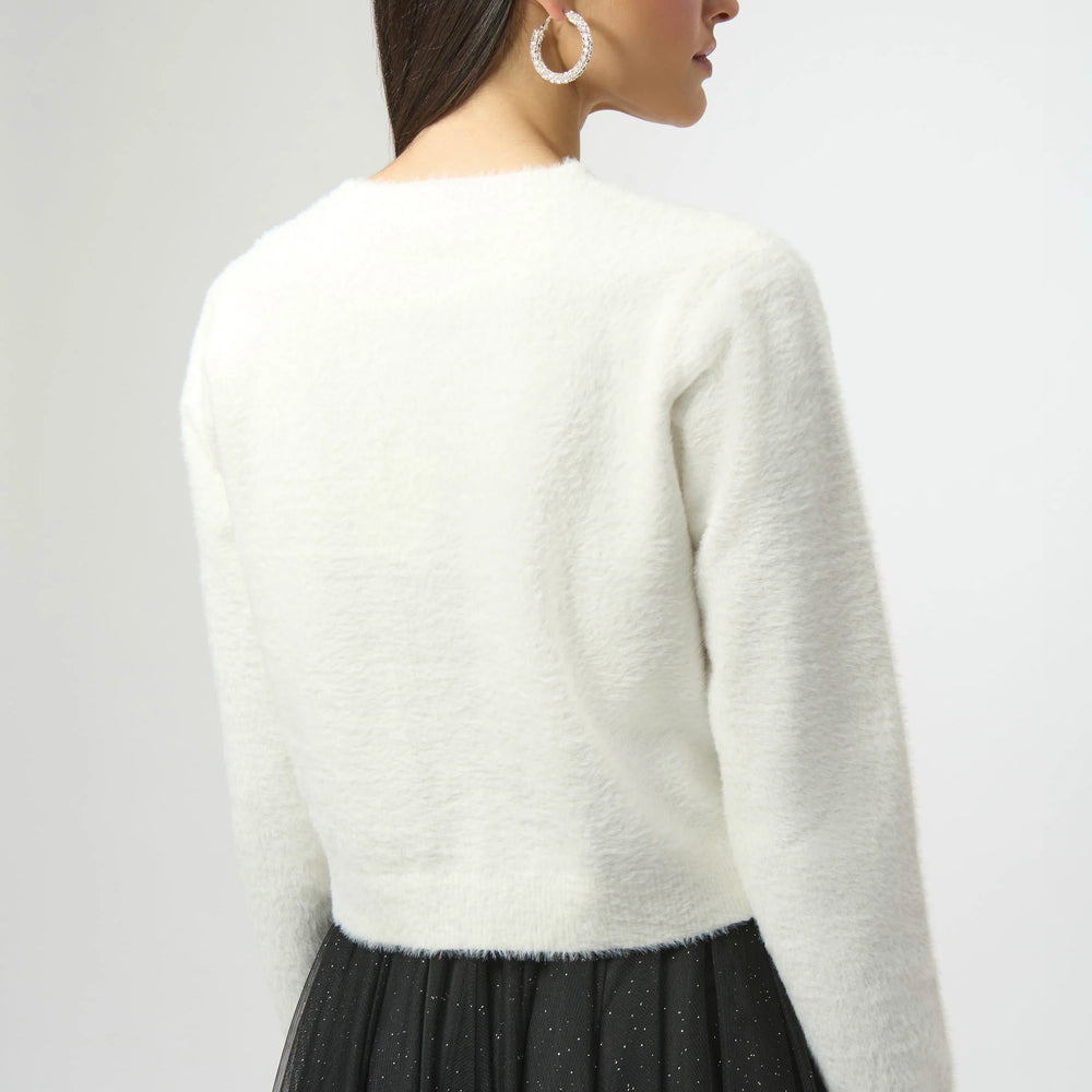 
                      
                        Joseph Ribkoff Feather Yarn Cardigan with Rhinestone Bow
                      
                    