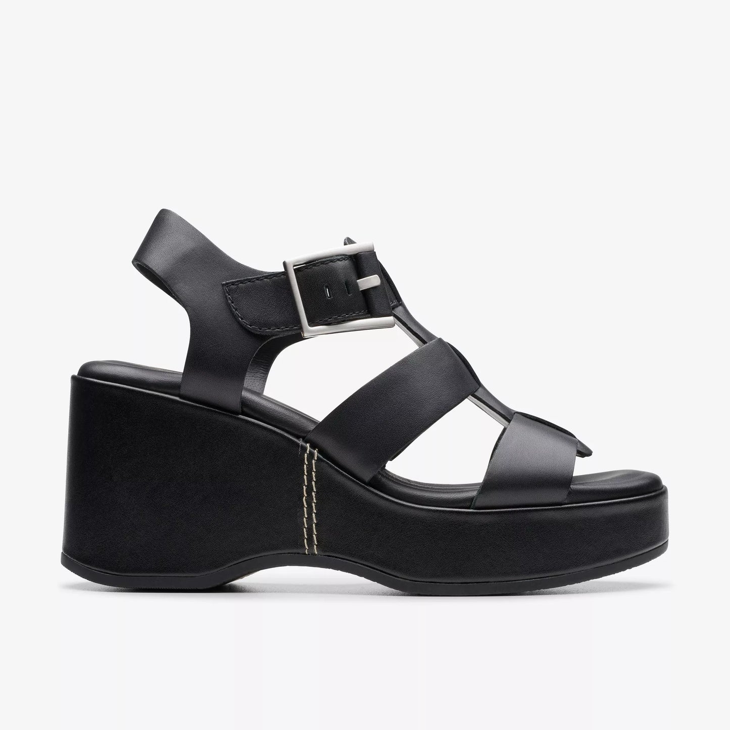 Side view of the  black leather Manon Cove Wedge Sandals by Clarks