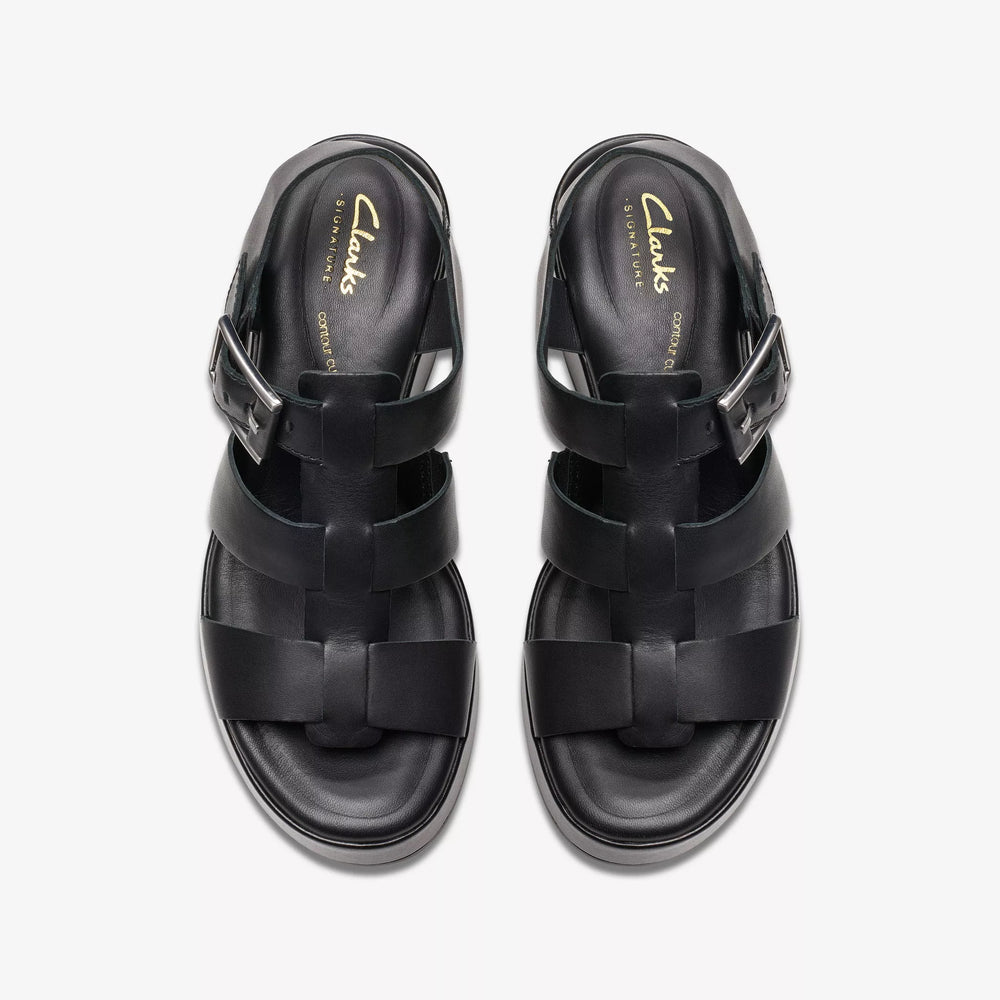 
                      
                        Top view of the black leather Manon Cove Wedge Sandals by Clarks
                      
                    