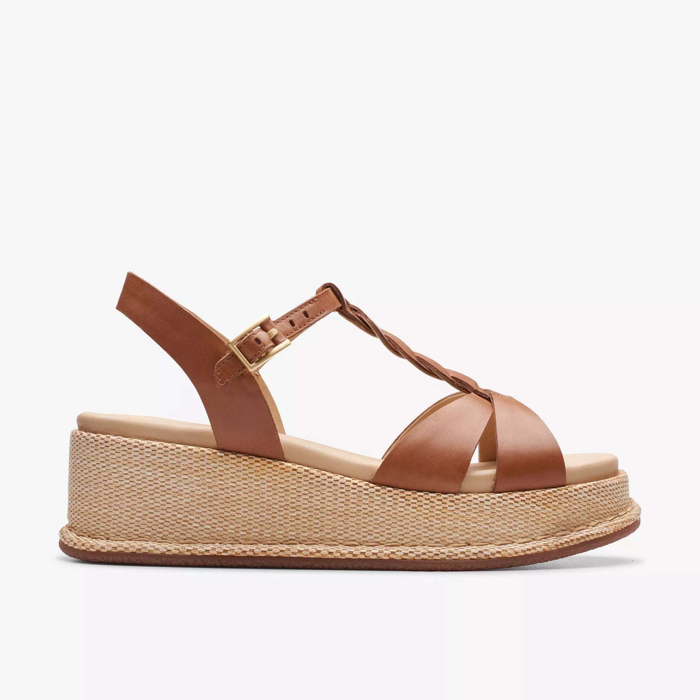 Side view of the Tan Leather Kimmei Twist Wedge by Clarks