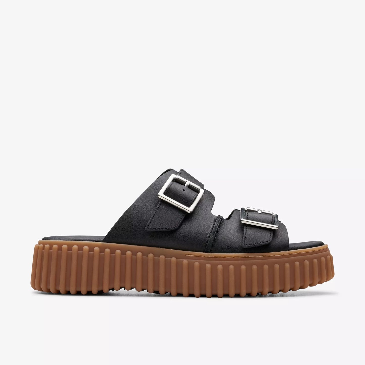 Side view of the black leather Torhill Slide Sandal from Clarks