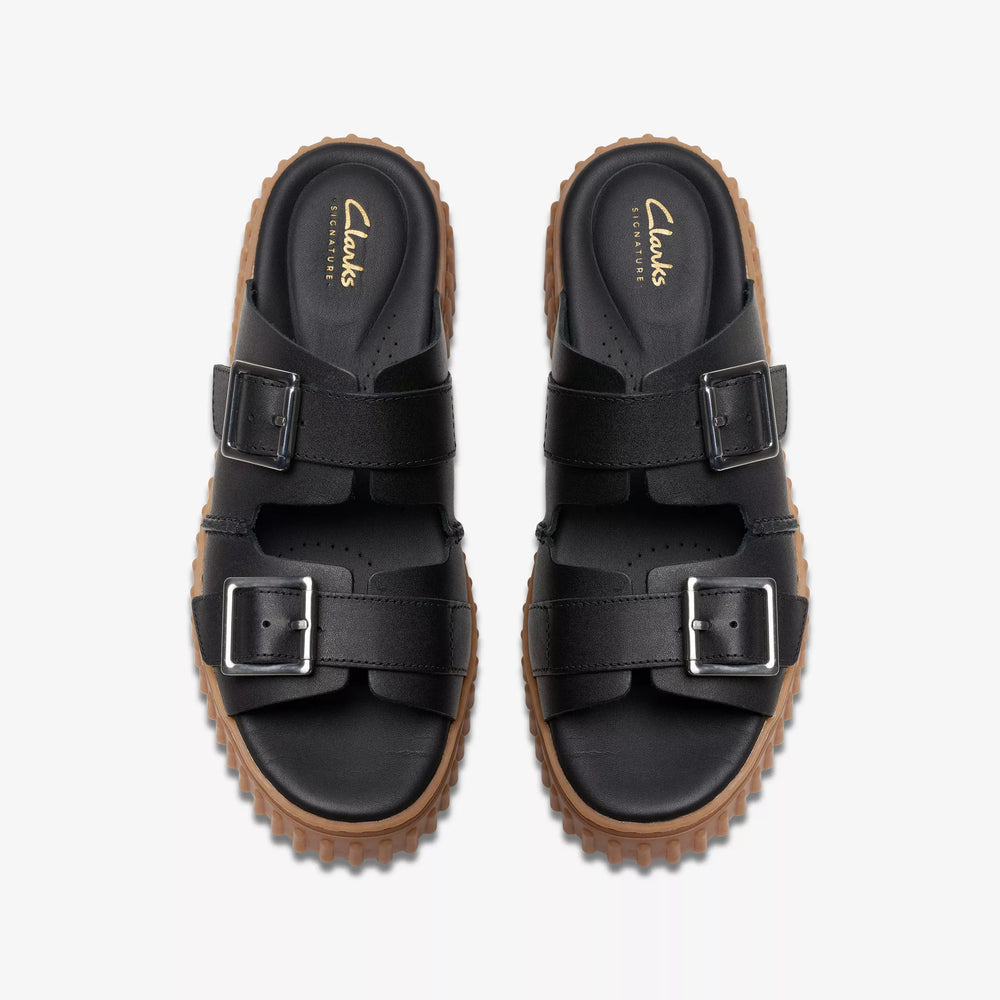 
                      
                        Top view of the view of the black leather Torhill Slide Sandal from Clarks
                      
                    