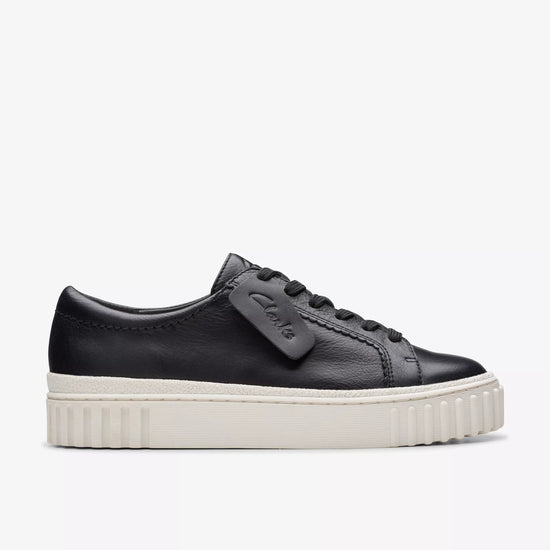 Side view of the black leather Mayhill Walk Sneaker by Clarks