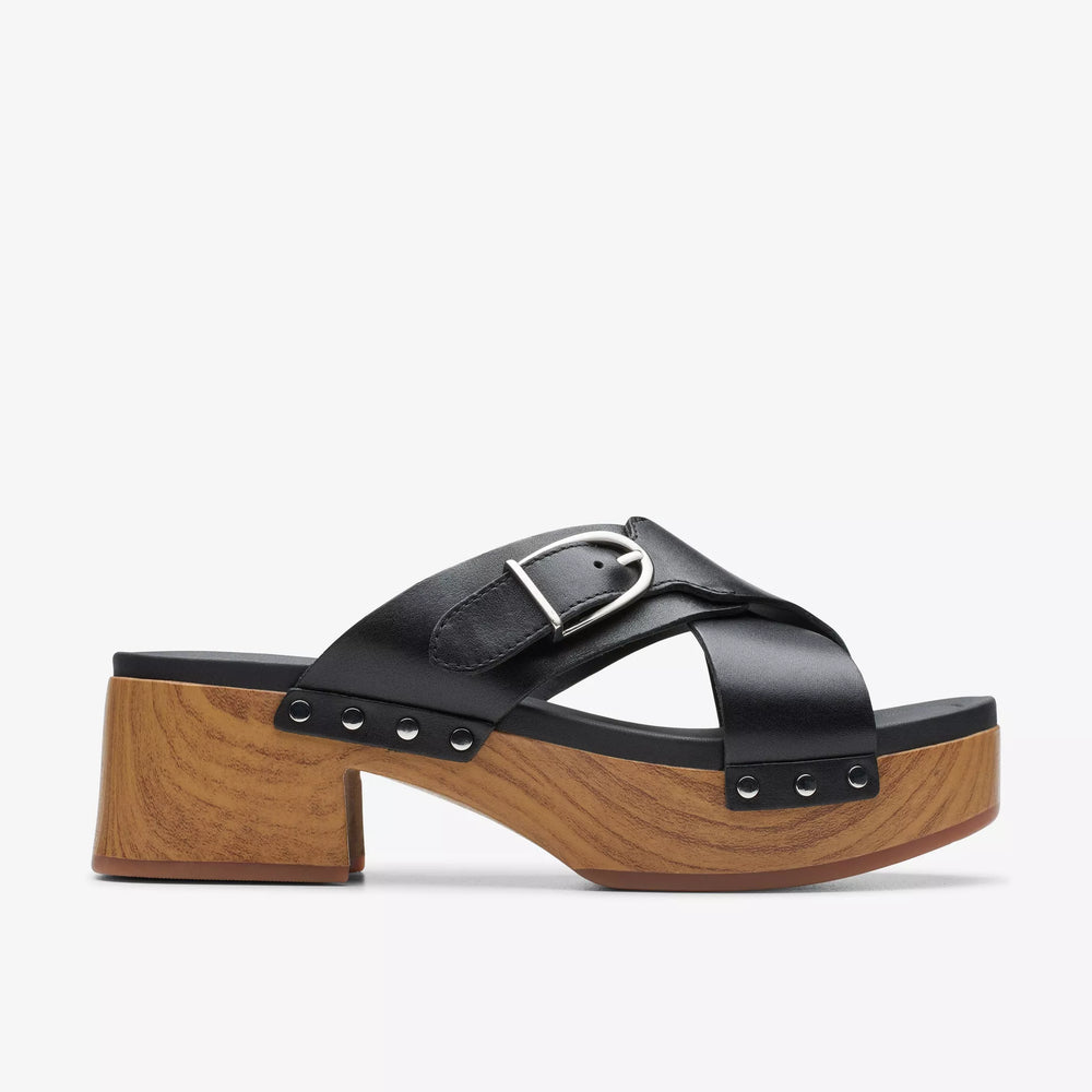 profile view of Clark's black leather Sivanne Clog Sandal