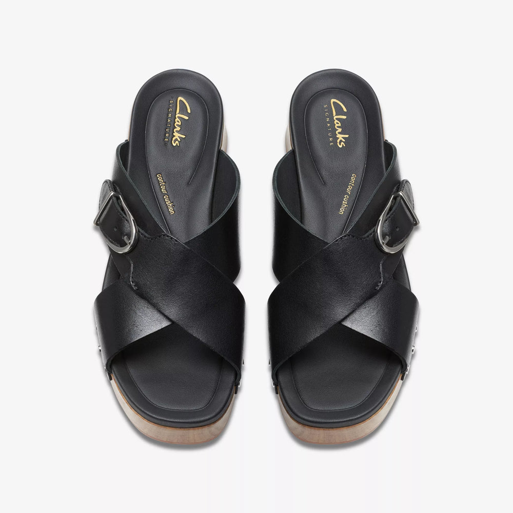 
                      
                        top view of Clark's black leather Sivanne Clog Sandal
                      
                    