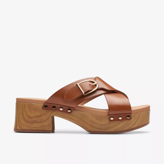 profile view of Clark's tan leather Sivanne Clog Sandal