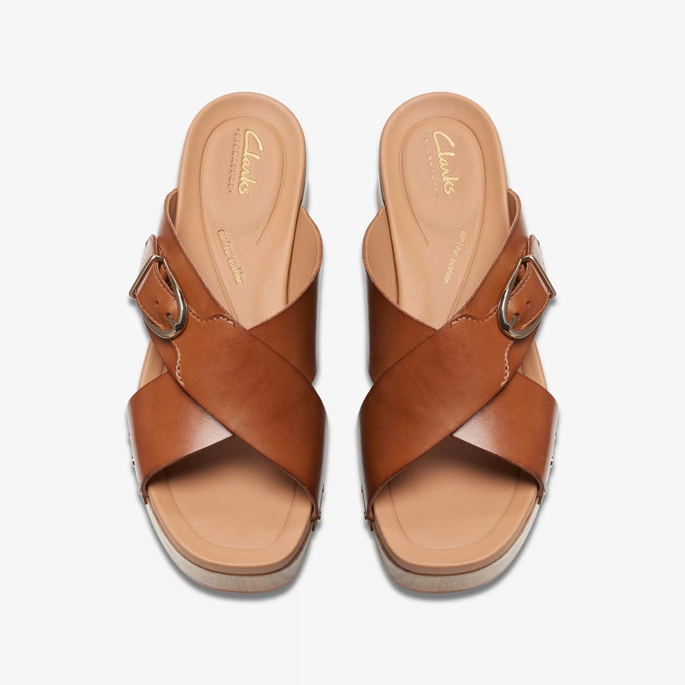 
                      
                        Top view of Clark's tan leather Sivanne Clog Sandal
                      
                    