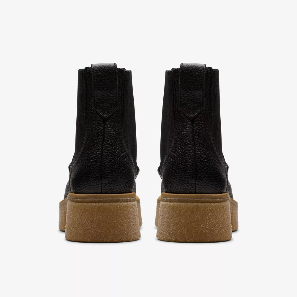 
                      
                        Back view of the Black Leather Linoso Top Chelsea Boot from the brand Clarks
                      
                    