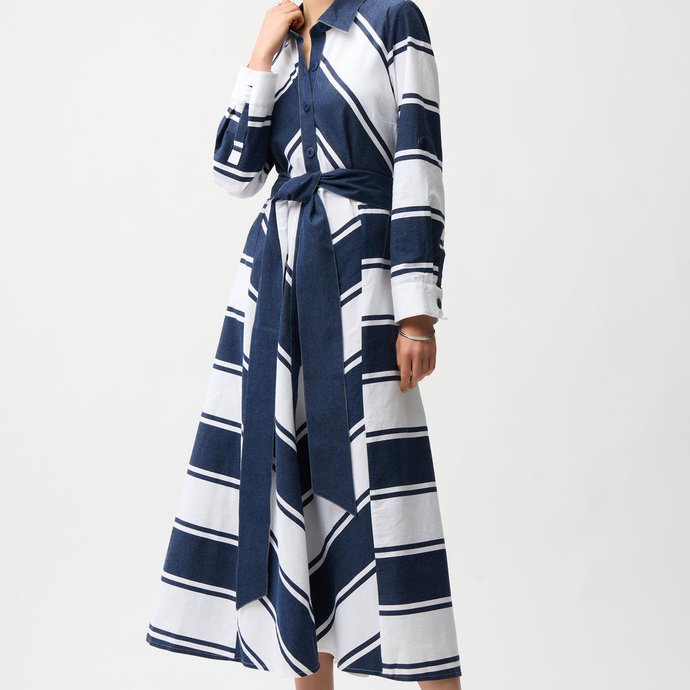 Cotton Stripe Print Fit and Flare Shirt Dress