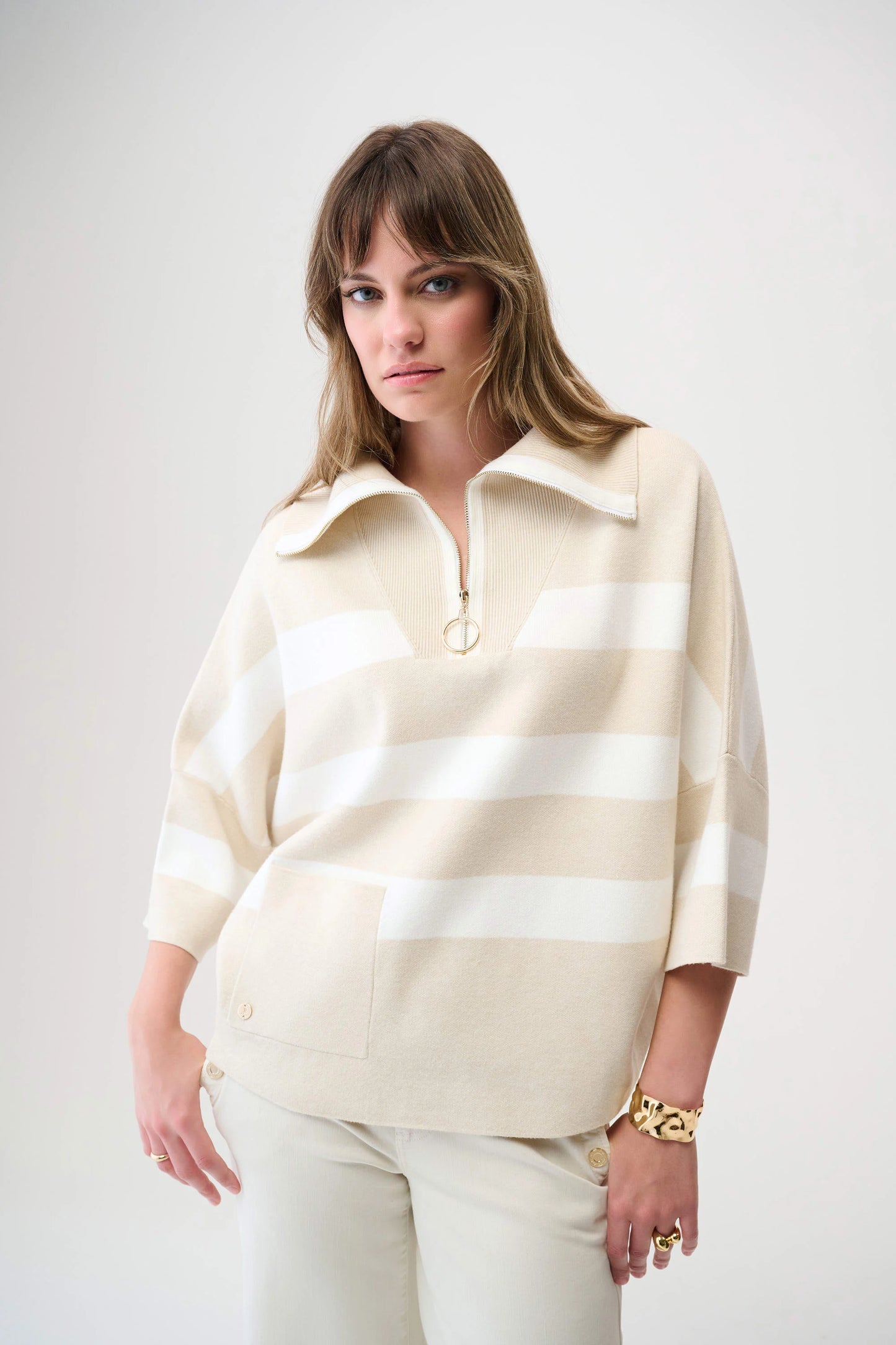 Joseph Ribkoff Brushed Viscose Stripe Print Zipped Collar Boxy Sweater