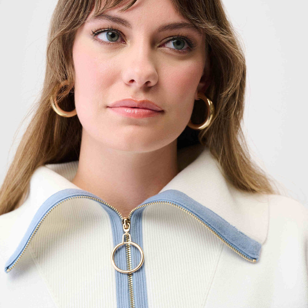 
                      
                        Joseph Ribkoff Brushed Viscose Stripe Print Zipped Collar Boxy Sweater
                      
                    