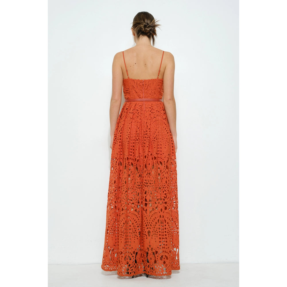 
                      
                        Women's dark orange lace maxi dress with spaghetti straps
                      
                    