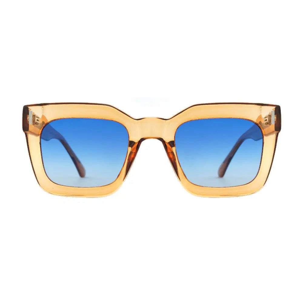 The Ryan Simkhai Eyeshop Rye Polarized Sunglasses in Transparent Tan with blue lenses