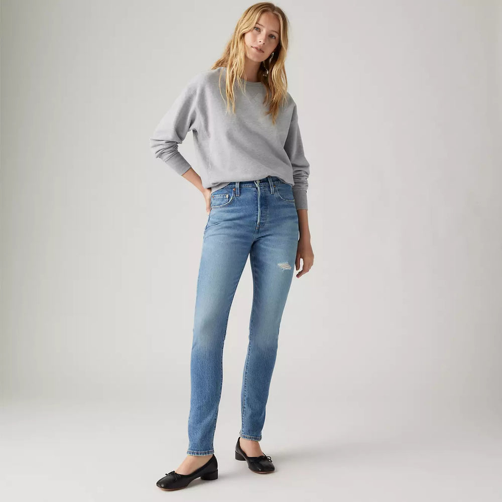 The women's 501 Skinny Jean in the medium wash Historically Blue by Levi's