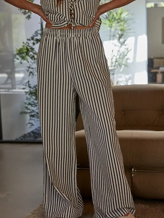 Women's striped cotton blend pants with an elastic waistband. 