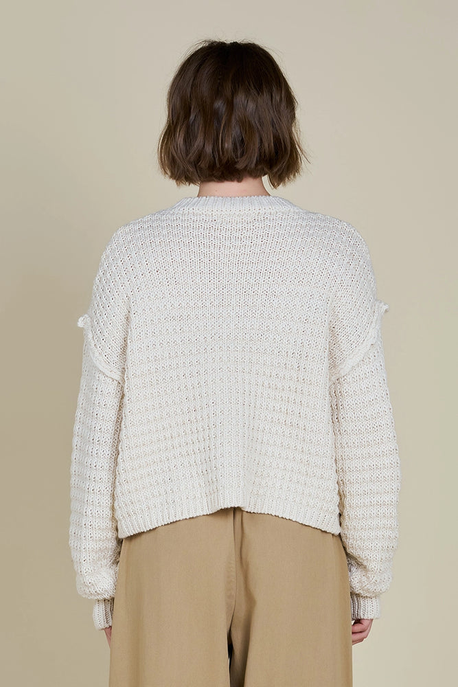 
                      
                        Back view of a woman wearing an ivory cable front crop sweater
                      
                    