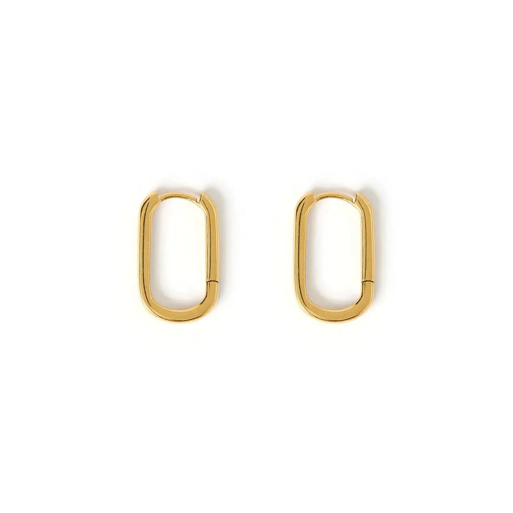 Flat lay view of the medium sized Link-Up Gold Hoop Huggie Earrings from Arms of Eve