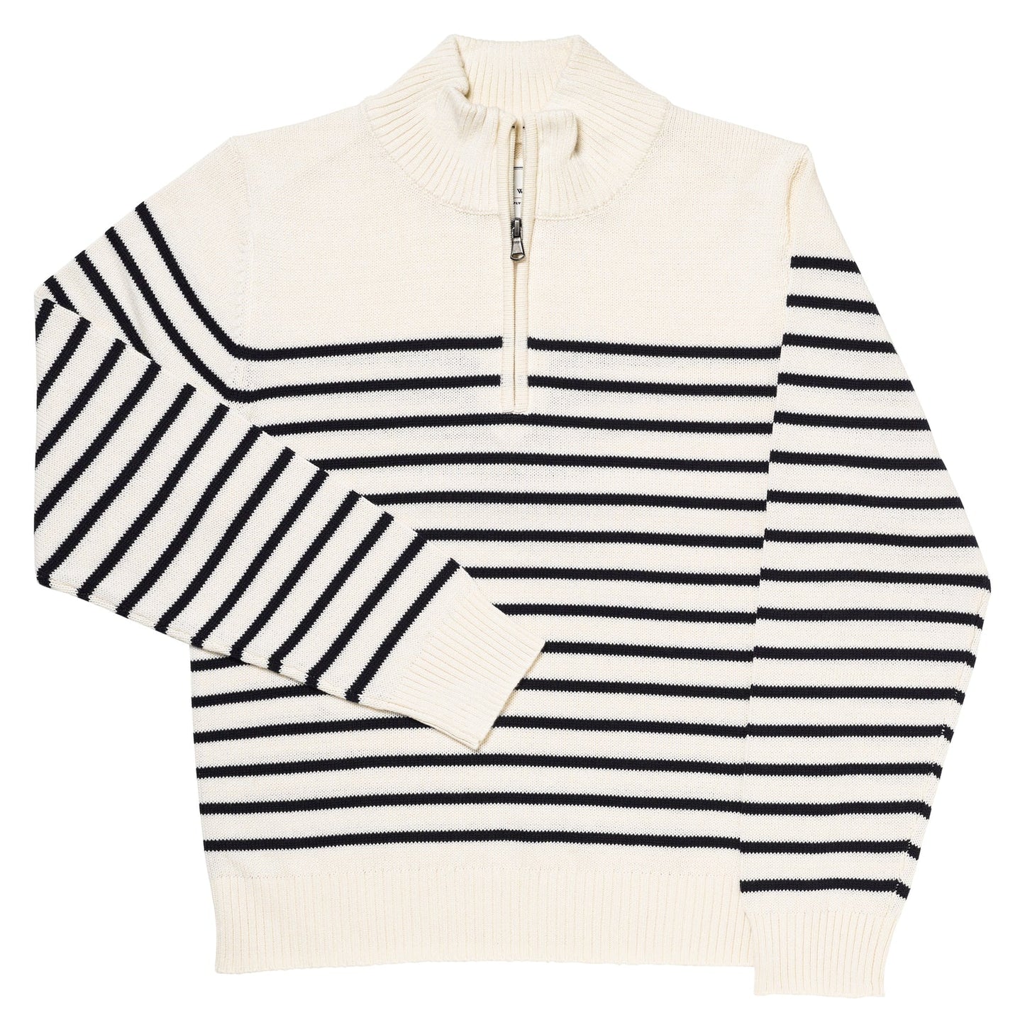 This women's cream striped quarter zip pullover from Long Wharf Supply is crafted from recycled materials