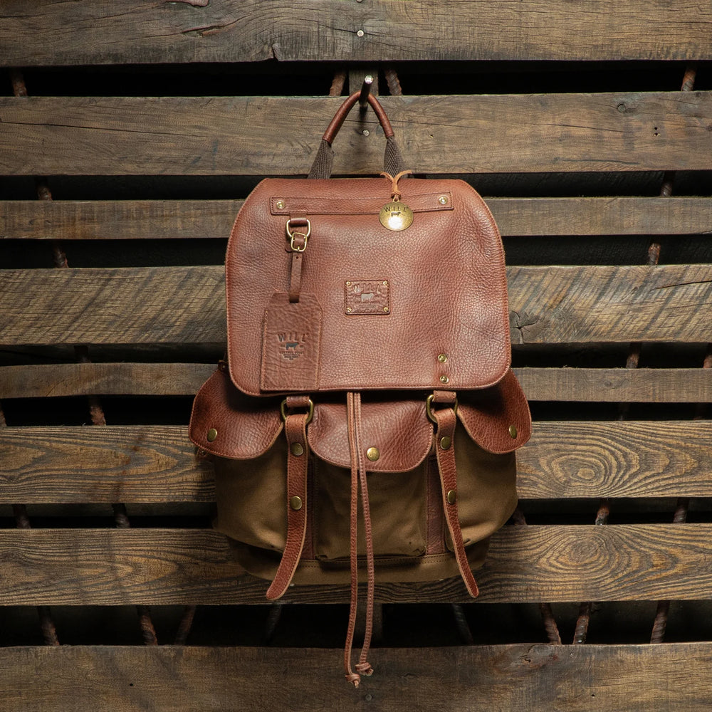 The Will Leather Goods Lennon Canvas & Leather Backpack in colors tobacco and cognac