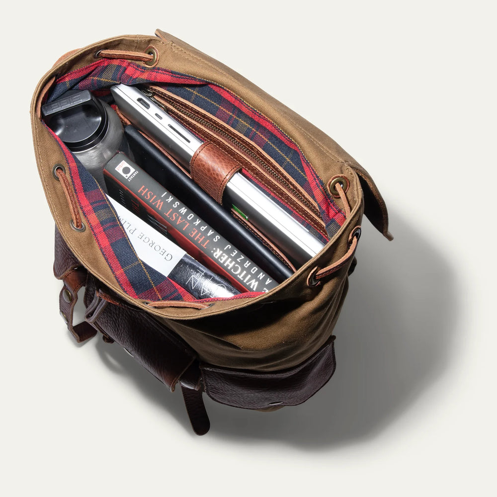 
                      
                        The Will Leather Goods Lennon Canvas & Leather Backpack in colors tobacco and cognac
                      
                    