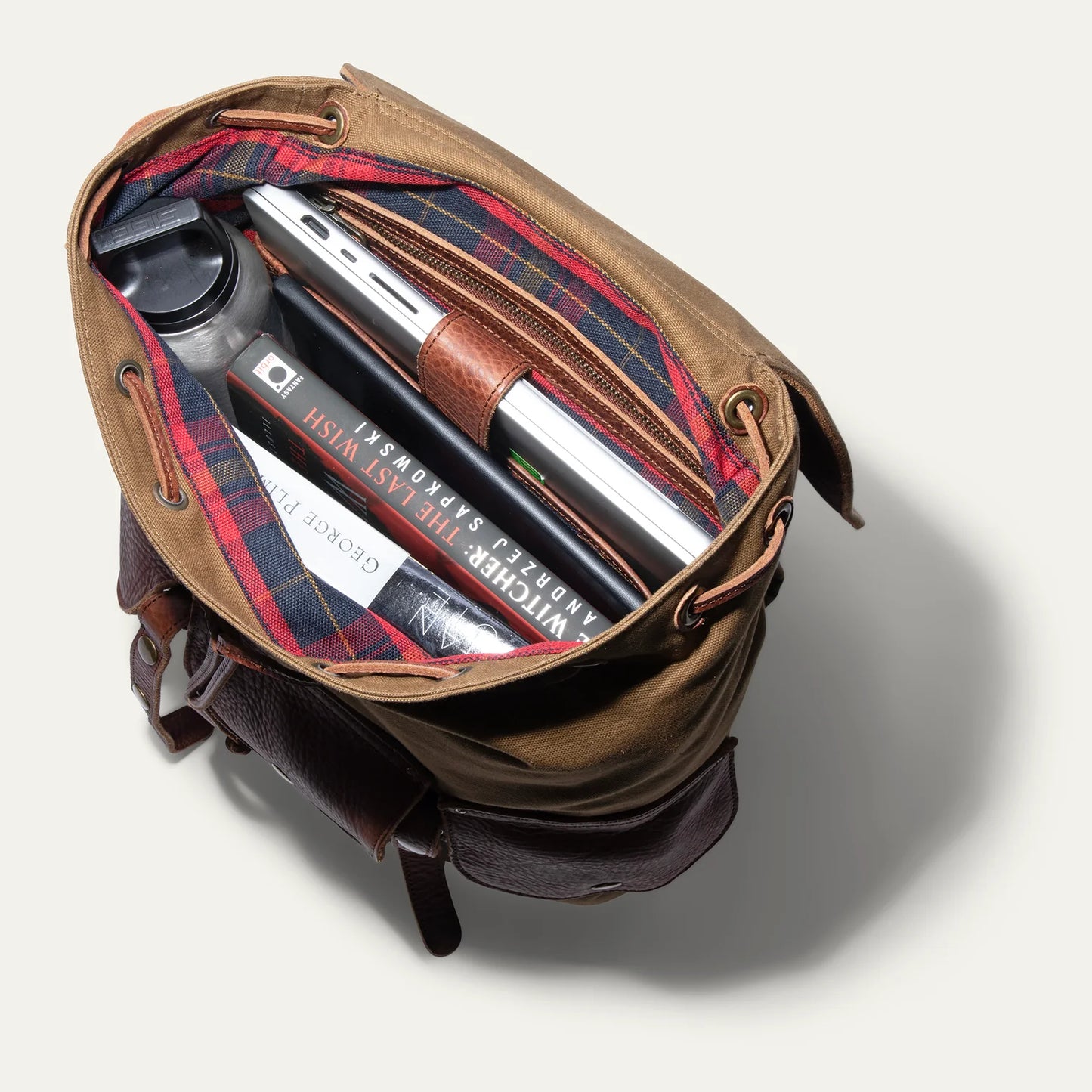 The Will Leather Goods Lennon Canvas & Leather Backpack in colors tobacco and cognac