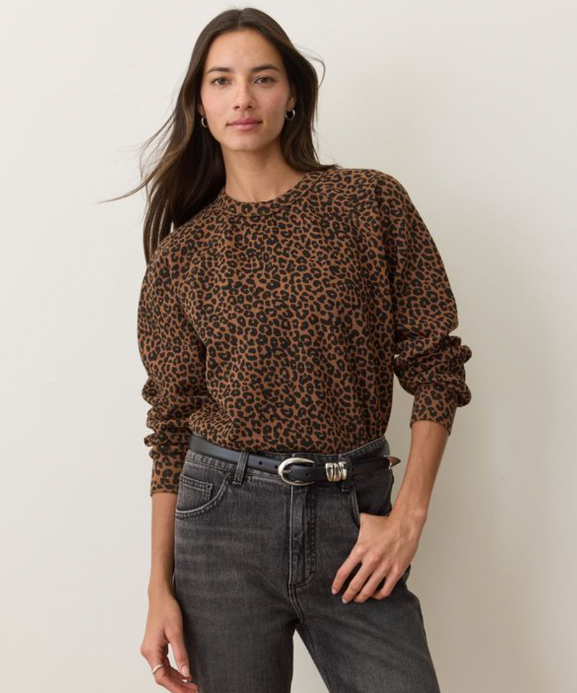 The Marine Layer Cloud 9 Fleece Crewneck is available at Harbour Thread in the color Leopard
