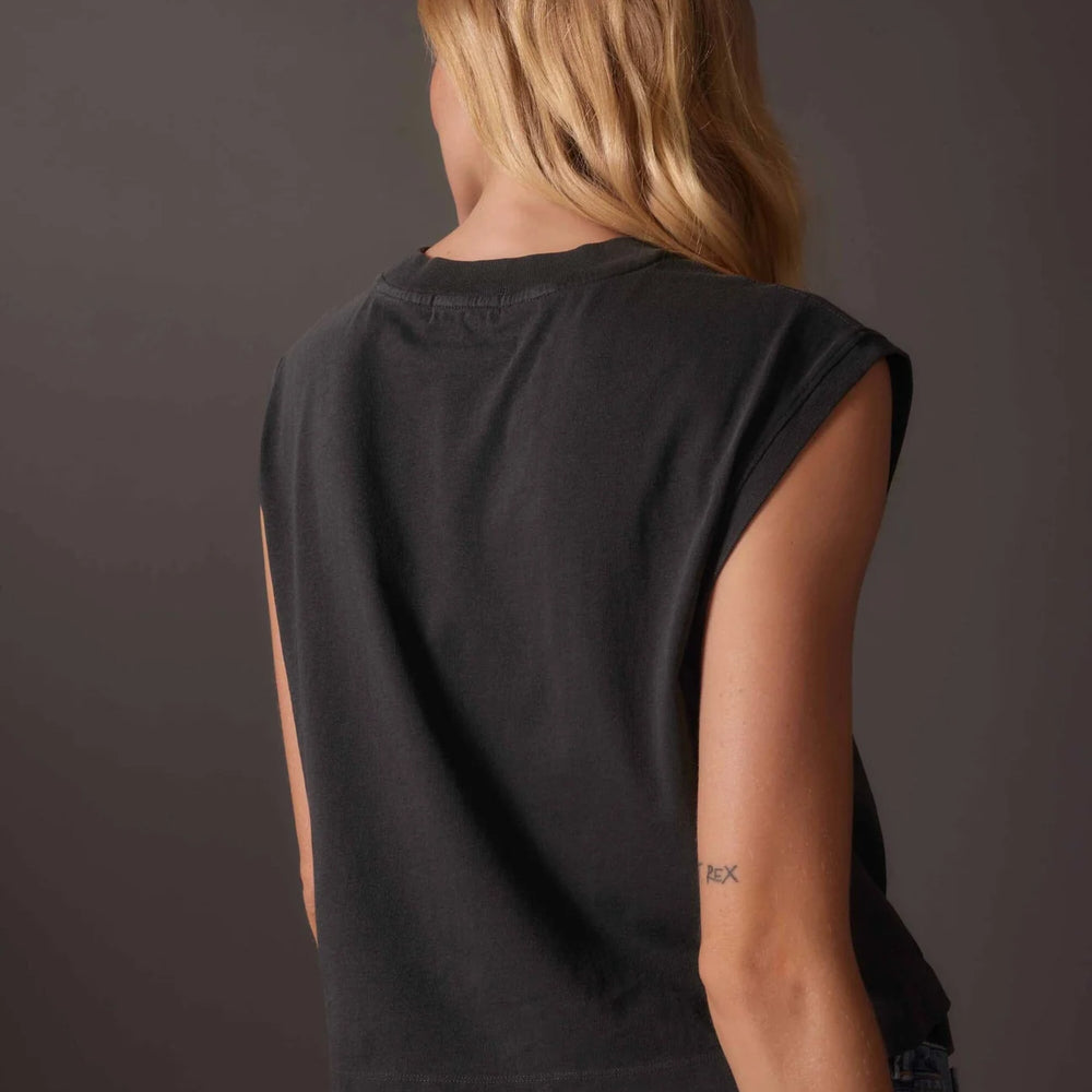 
                      
                        back view of model wearing a relaxed fit off black color muscle tee
                      
                    