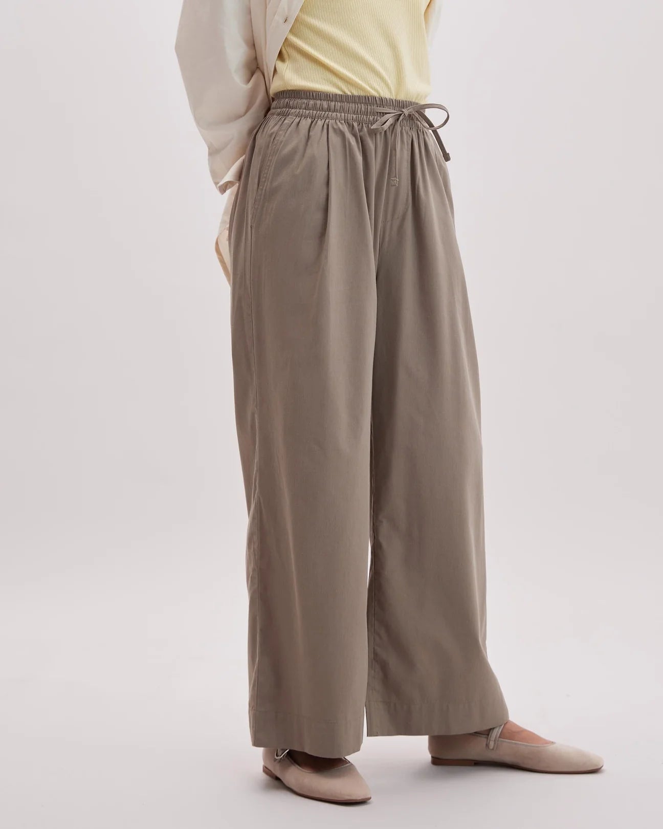 Design detail on the Warm Grey Venice Drawstring Pants by Richer Poorer