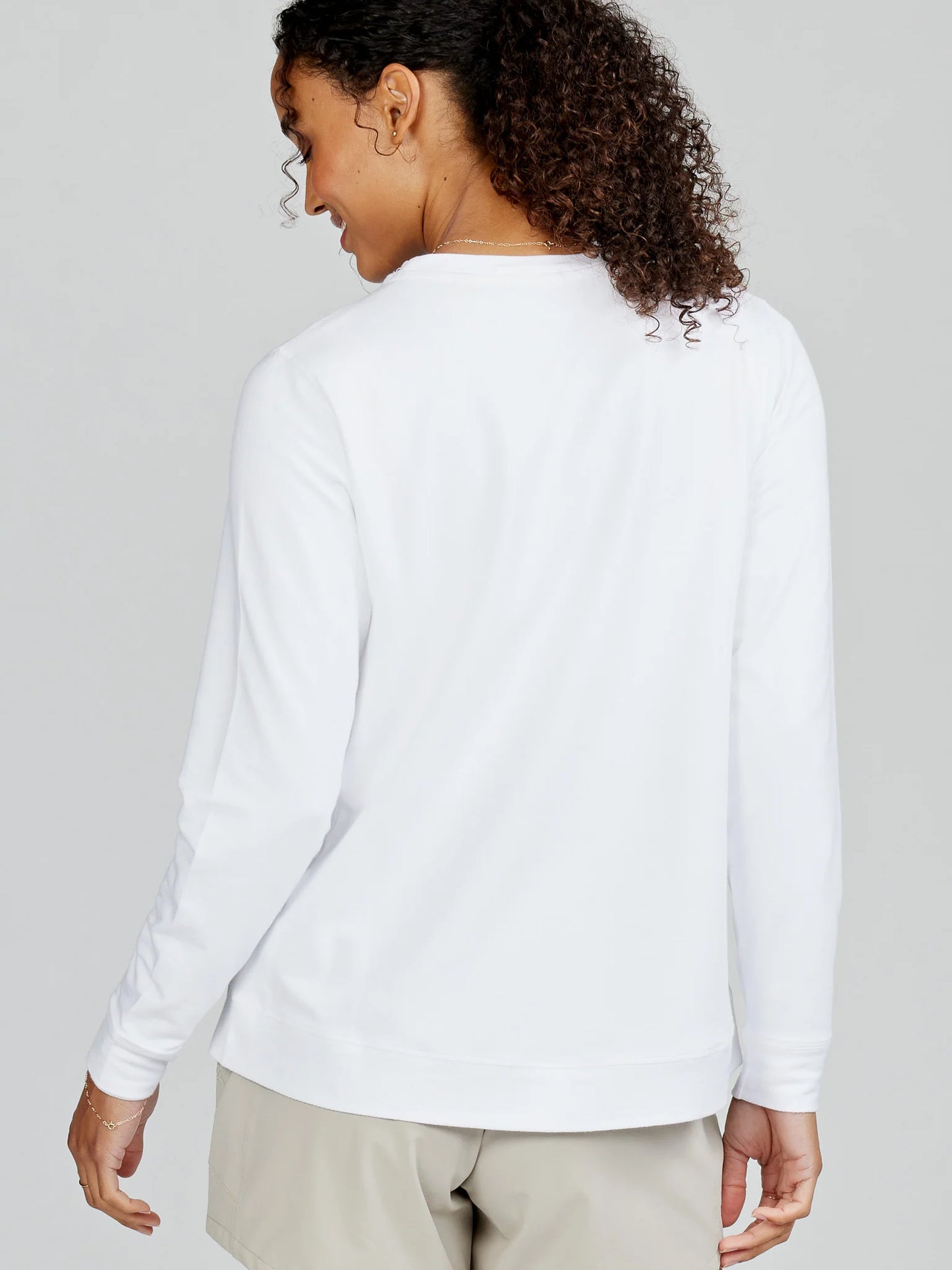 Back view of the White Riverwalk Sweatshirt 2.0 by tasc Performance