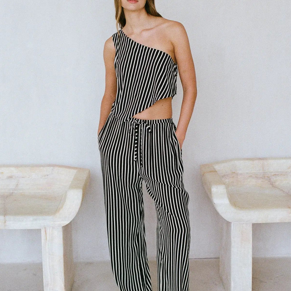 Shop these black/natural striped wide leg women's pants at Harbour Thread for chic summer style