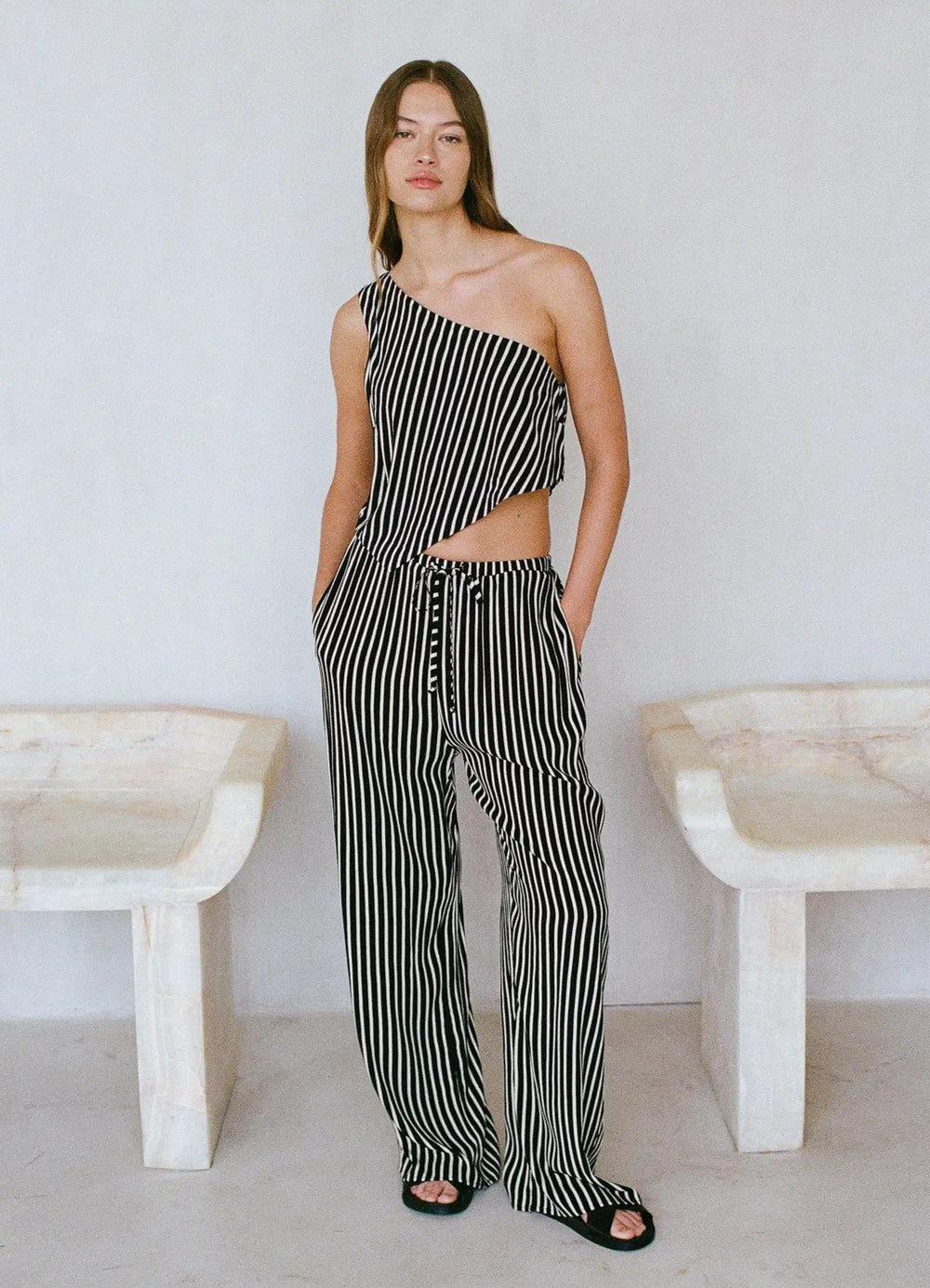 Shop these black/natural striped wide leg women's pants at Harbour Thread for chic summer style