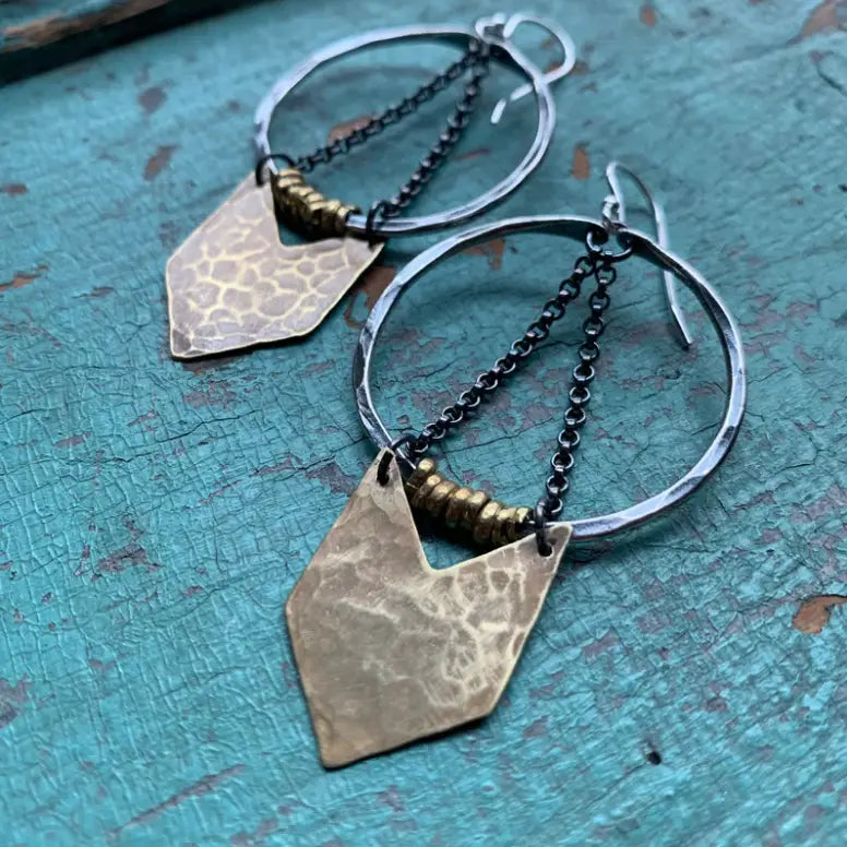 The Small Silver Warrior Earrings with Brass Chevron by Jennifer Kahn Jewelry,