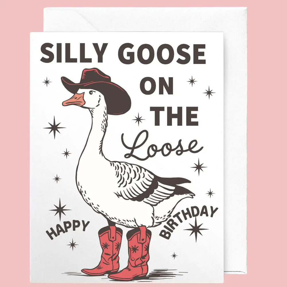 Birthday card with a goose wearing a cowboy hat and boots on a pink background