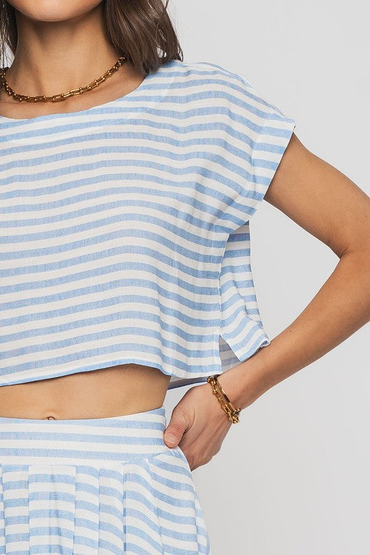
                      
                        blue and white striped short sleeve top
                      
                    