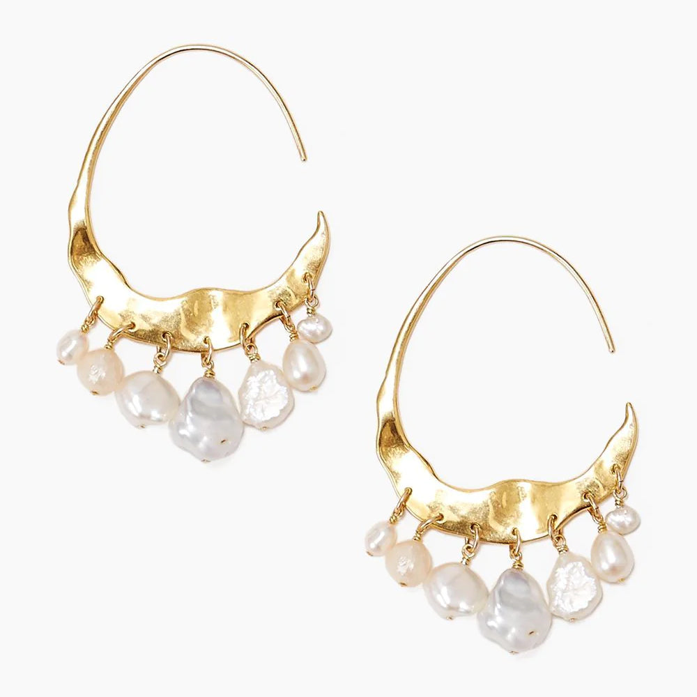 Chan Luu's Crescent White Pearl and Gold Hoop Earrings