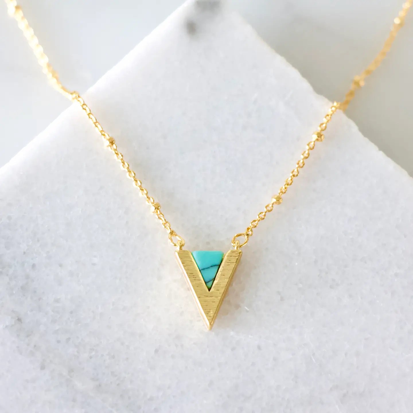 Design detail on the Turquoise Triangle Necklace by Mesa Blue