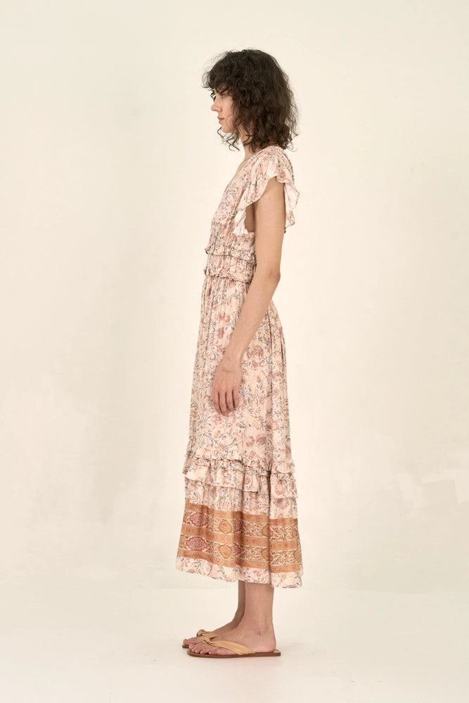 
                      
                        Side view of a printed ruffle satin midi dress
                      
                    