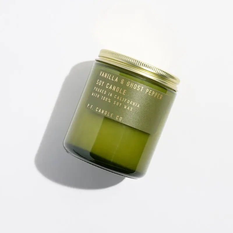 7.2 oz Vanilla & Ghost Pepper Soy Candle packaged in a green jar